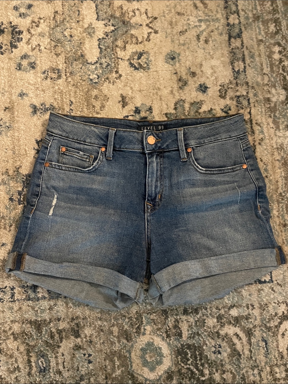 Level 99 Mid-Rise Dark Blue Denim Roll-Cuff Shorts